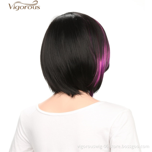 Vigorous Black Mix Purple Silky Straight Wigs With Part Side Bangs For Women Synthetic Fiber Heat Resistant Glueless Hair Wigs